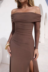 Horizon Luxe schulterfreies Maxikleid Coffee
