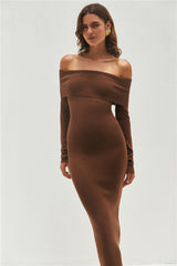Angels Sing schulterfreies Strick-Maxikleid Schokolade