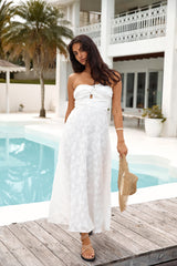 Trägerloses Maxikleid mit Orchideen-Bouquet in Weiß