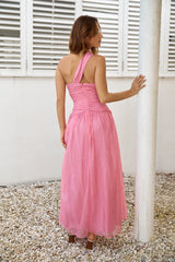 Zuckerbeschichtetes One-Shoulder-Maxikleid Pink