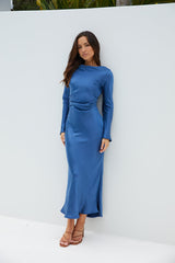 Das Vergissmeinnicht-Satin-Midikleid Marineblau