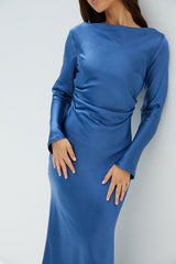 Das Vergissmeinnicht-Satin-Midikleid Marineblau