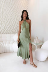 In My Feelings Satin Maxikleid Olive
