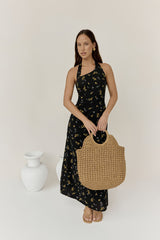 Maxikleid mit Neckholder in Scharlachrot und Schwarz