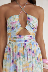Hibiskusfarbenes Neckholder-Maxikleid mit Print