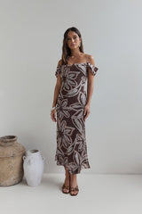 Wüstenblume schulterfreies Maxikleid Braun