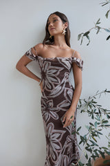 Wüstenblume schulterfreies Maxikleid Braun