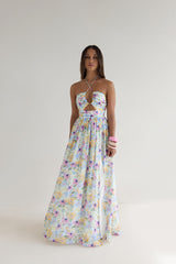 Hibiskusfarbenes Neckholder-Maxikleid mit Print