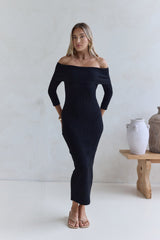 Kühles, luxuriöses schulterfreies Strickmaxikleid Schwarz