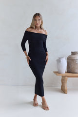 Kühles, luxuriöses schulterfreies Strickmaxikleid Schwarz