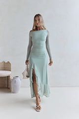 Whispered Secrets Mesh Maxikleid mit langen Ärmeln Salbeigrün