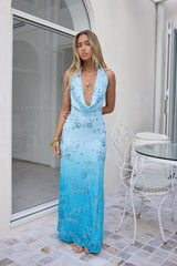 On The Stage Netz-Neckholder-Maxikleid Blau
