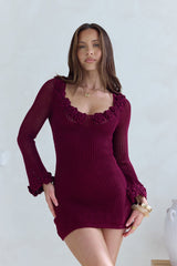 Rosy World Langarm-Strickminikleid Weinrot