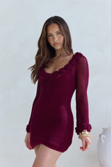 Rosy World Langarm-Strickminikleid Weinrot