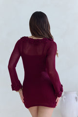 Rosy World Langärmeliges Strick-Minikleid Weinrot