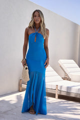 Crystal Glow Mesh Neckholder Maxikleid Blau