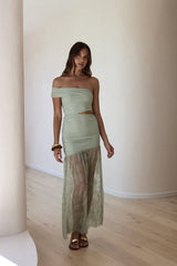 Blossoming Hearts Off-Shoulder-Maxikleid aus Spitze Salbeigrün