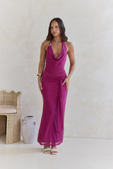 Stufen-Mesh-Neckholder-Maxikleid Pflaume
