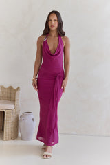Stufen-Mesh-Neckholder-Maxikleid Pflaume