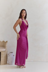 Stufen-Mesh-Neckholder-Maxikleid Pflaume