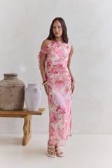 Hibiskus schulterfreies Maxikleid Pink