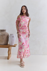Hibiskus schulterfreies Maxikleid Pink