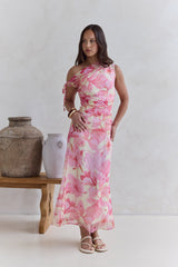 Hibiskus schulterfreies Maxikleid Pink