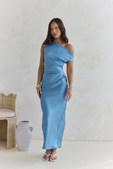 Noir schulterfreies Satin-Maxikleid in Blau