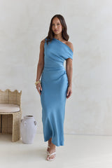 Noir schulterfreies Satin-Maxikleid in Blau