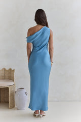 Noir schulterfreies Satin-Maxikleid in Blau