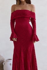 Here For Love schulterfreies Mesh-Maxikleid Rot