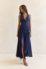 Dancing Skies Neckholder Maxikleid aus Mesh, Marineblau