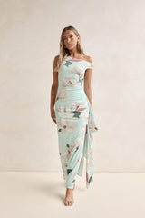 Maxikleid mit Blumenmuster, Off Shoulder und Mesh, Mint
