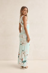 Maxikleid mit Blumenmuster, Off Shoulder und Mesh, Mint