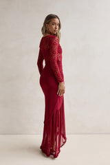 Flirtation Hour Maxikleid aus Spitze mit langen Ärmeln Burgund