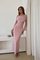 Camille Off-Shoulder Mesh-Maxikleid Rosa