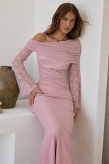 Camille Off-Shoulder Mesh-Maxikleid Rosa