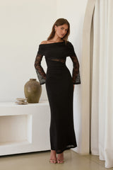 Camille Maxikleid aus Mesh mit Carmen-Ausschnitt, Schwarz