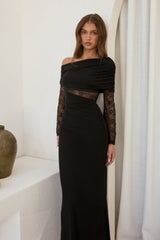 Camille Maxikleid aus Mesh mit Carmen-Ausschnitt, Schwarz