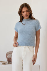 Old Money Hour Flauschiger Strick-Kurzarmpullover Blau