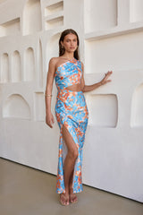 When In Bloom One-Shoulder-Maxikleid Blau