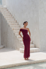Dahlia One Shoulder Mesh Maxikleid Weinrot