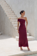 Dahlia One Shoulder Mesh Maxikleid Weinrot
