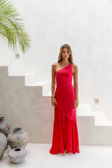 Chase The Thrill One-Shoulder Satin-Maxikleid Rot