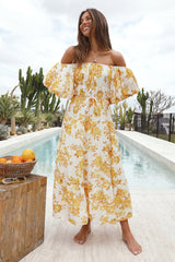 Sonnenblumen-Maxikleid mit Carmen-Ausschnitt Gelb
