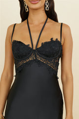 Sonntagsbrunch-Maxikleid aus Satin, Schwarz