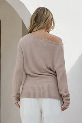 Sugar Petal Off Shoulder Knit Sweater Brown