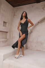 HELLO MOLLY Dotted Moment Satin Polka Dot Midi Dress Black
