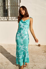 Sweet Autumn Leaves Satin Halter Maxi Dress Sage