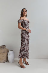 Desert Flower Off Shoulder Maxi Dress Brown